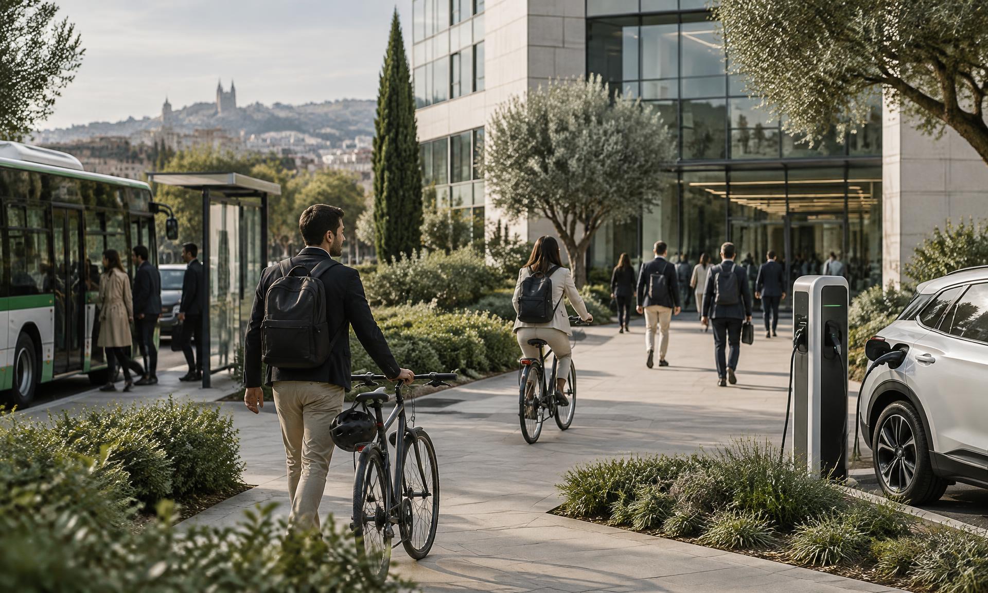 Personas llegando a su centro de trabajo en bicicleta, a pie, en autobús y en coche eléctrico
